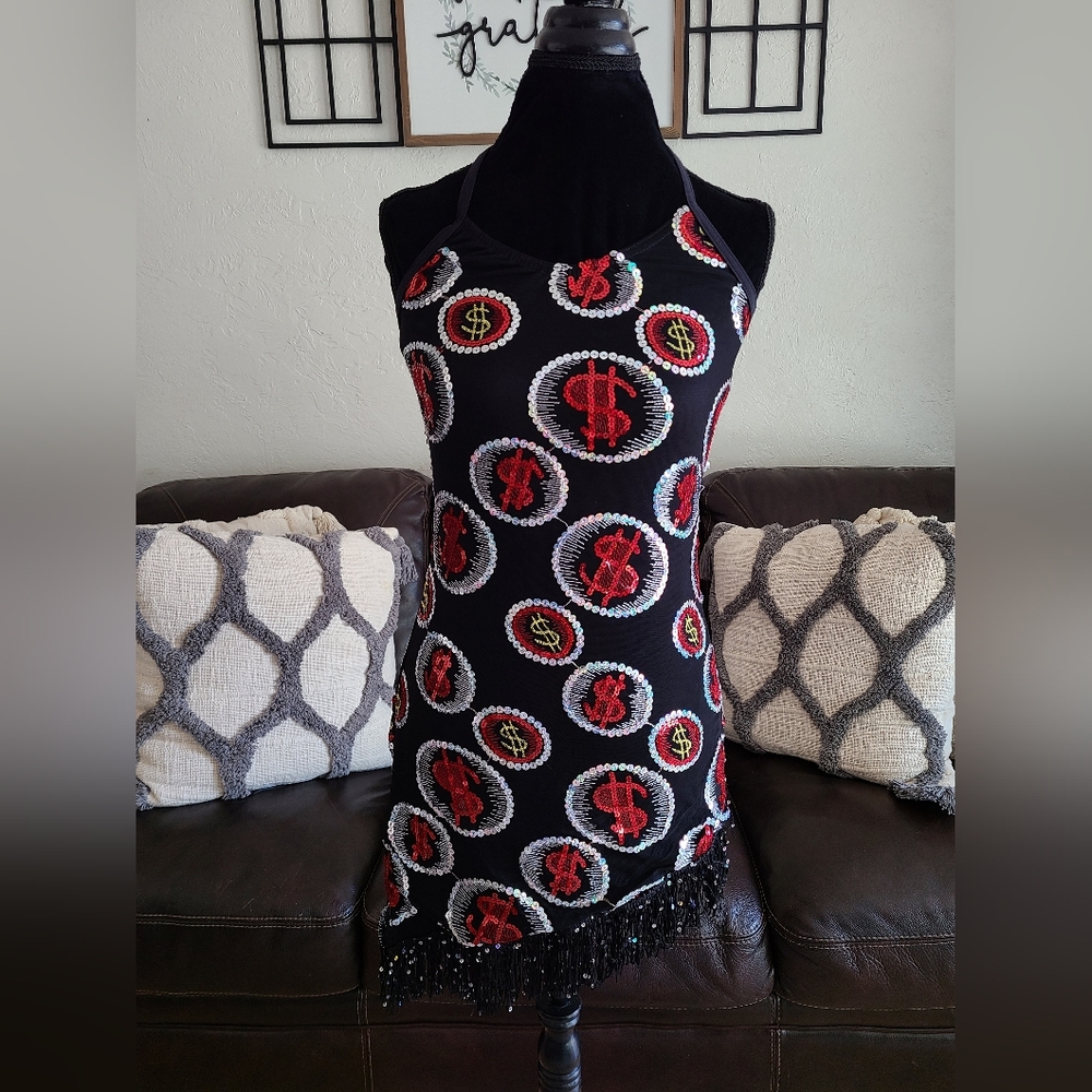 Vintage‎ Kelle Money Bling Sequin High Low Fringe Dress Red & Black Unique